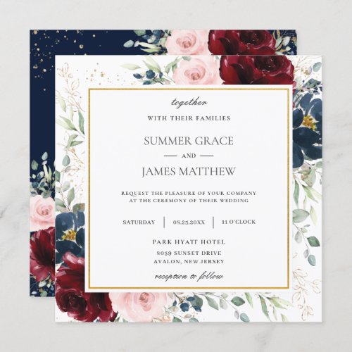 Rich Burgundy Blush Blue Floral Wedding Square   Invitation