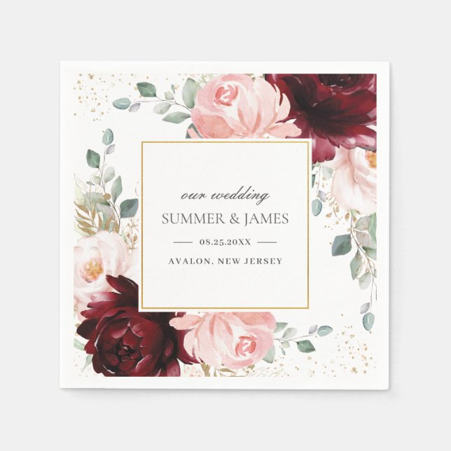 Rich Burgundy Blush Pink Floral Wedding Square  Napkins (Front)