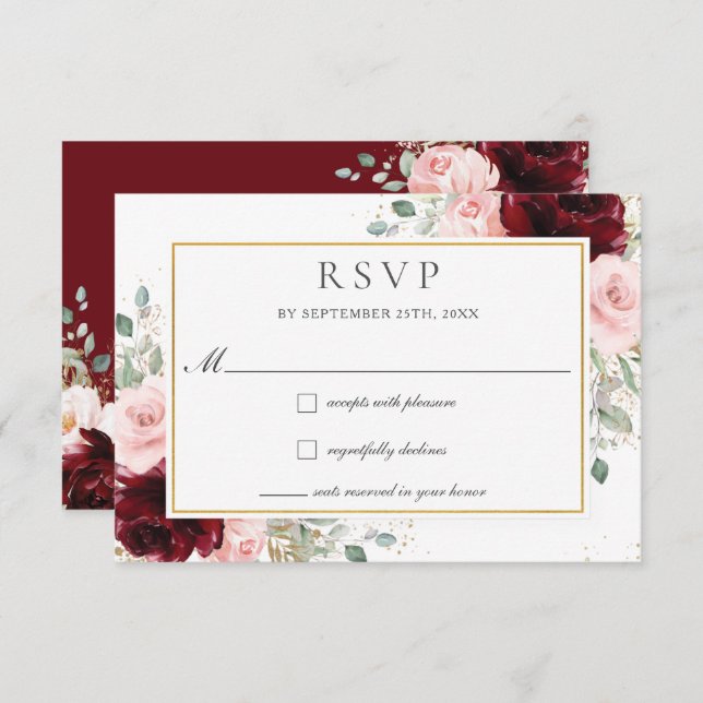 Rich Burgundy Blush Pink Roses Floral Wedding   RSVP Card (Front/Back)