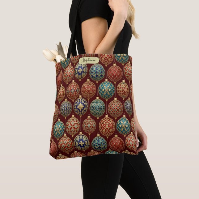 Rich Burgundy Classic Ornament Pattern Personalize Tote Bag (Close Up)