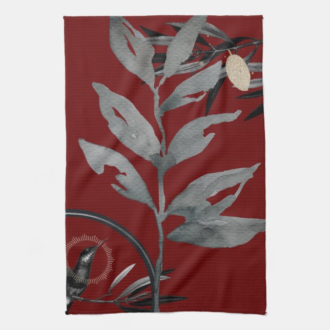 Rich Burgundy & Gray Artistic Watercolor Leaves Kitchen Towel (Vertical)