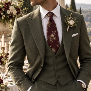 Rich Burgundy Heritage Botanical Floral Pattern Neck Tie