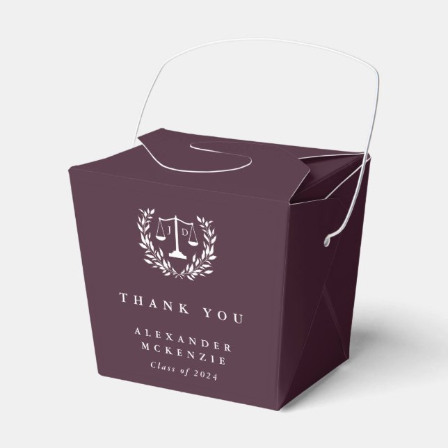 Rich Burgundy JD Law Scales+Laurel Graduation Favor Boxes (Front Side)