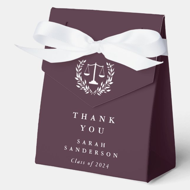 Rich Burgundy Law Scales+Laurel Wreath Graduation Favor Boxes (Front)
