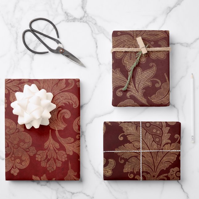 Rich Burgundy Red and Gold Damask Wrapping Paper Sheets (Front)