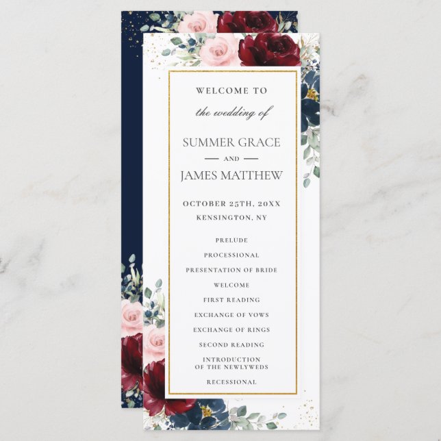 Rich Burgundy Red Blush Blue Roses Floral Wedding  Program (Front/Back)