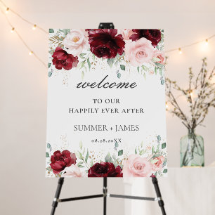 Rich Burgundy Red Blush Floral Wedding Welcome Foam Board
