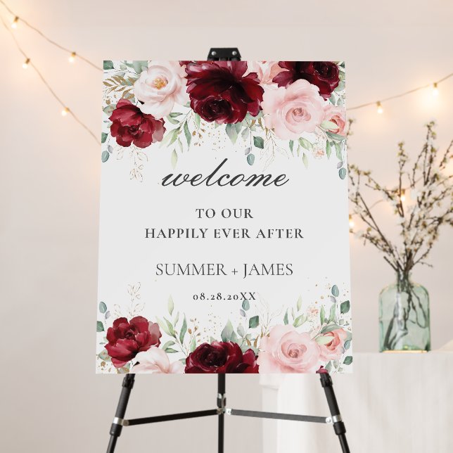 Rich Burgundy Red Blush Floral Wedding Welcome   Foam Board (In Situ (Stand))