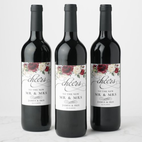 Rich Burgundy Red Ivory White Floral Wedding  Wine Label