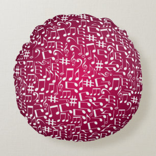 Rich Burgundy Wine w White Music Notes Round Pillow
