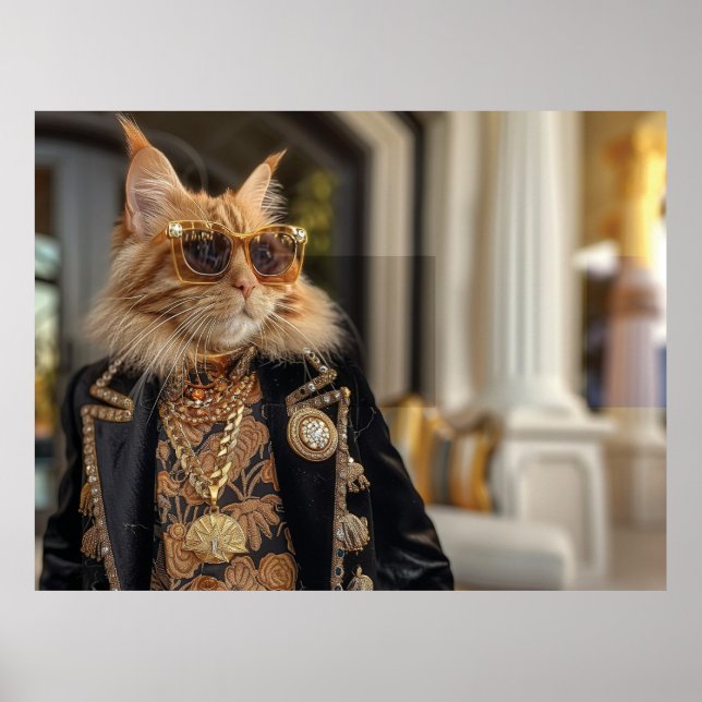 Rich cat standing in front of a mansion poster (Front)