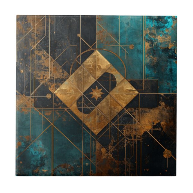 Rich Copper Metallic gold geometric starburst Ceramic Tile (Front)