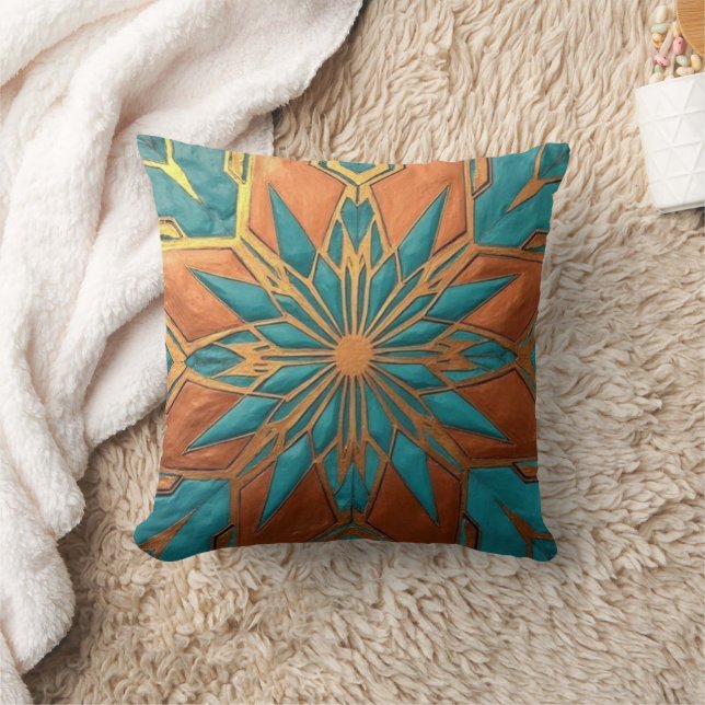 Rich Copper Metallic gold geometric starburst Throw Pillow (Blanket)