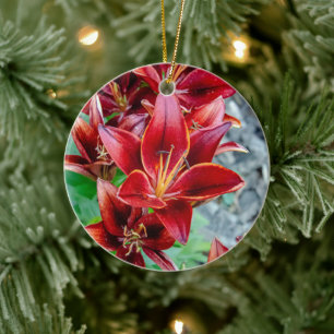 Rich Crimson Lily Botanical Flower Ceramic Ornament