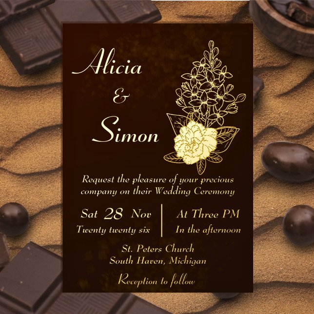 Rich Dark Chocolate Brown Floral Lined Wedding Foil Invitation (Creator Uploaded)