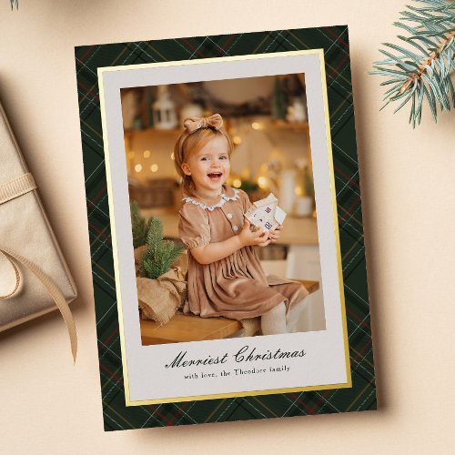 Rich dark green plaid frame Merry Christmas photo Foil Holiday Card