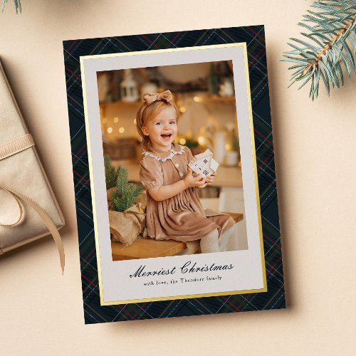 Rich dark navy plaid frame Merry Christmas photo Foil Holiday Card