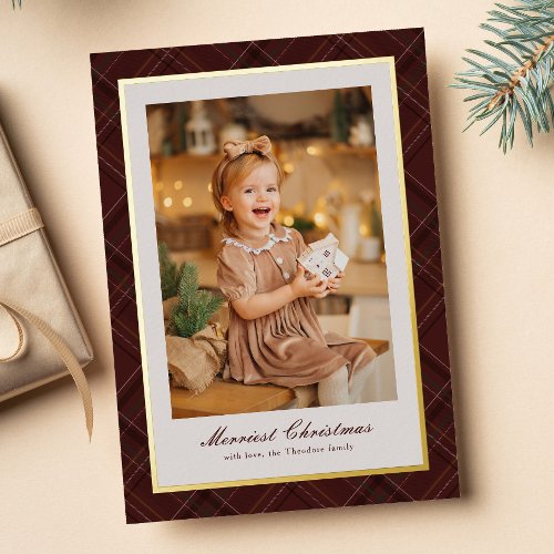 Rich dark red plaid frame Merry Christmas photo Foil Holiday Card