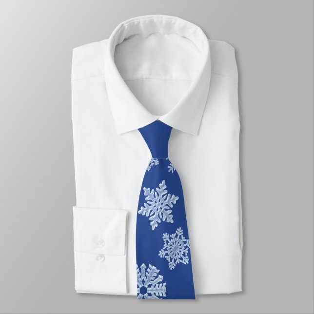 Rich Deep Blue Frozen Winter Snowflakes Christmas Neck Tie (Tied)