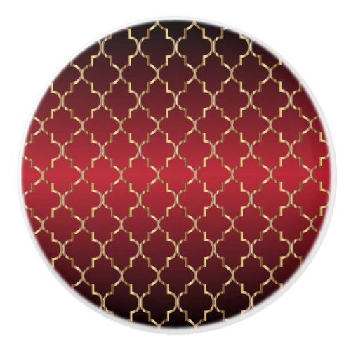 Rich Deep Red and Gold Quatrefoil Ceramic Knob