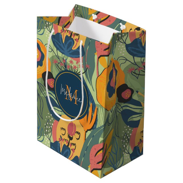 Rich earth colors abstract flowers, monogram medium gift bag (Back Angled)