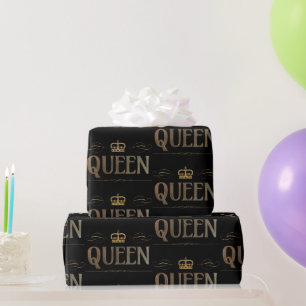 Rich Elegant QUEEN Royalty Lettering Crown Black Wrapping Paper