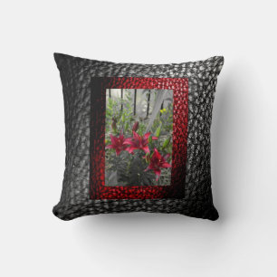 Rich Faux Leather collection- Red Floral design 2 Throw Pillow