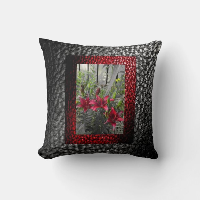 Rich Faux Leather collection- Red Floral design 2 Throw Pillow (Front)