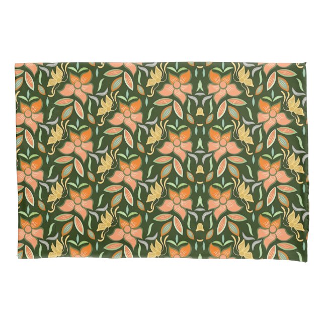 Rich Floral Pattern: Peach Flowers and Green Leave Pillow Case (Front-Left)