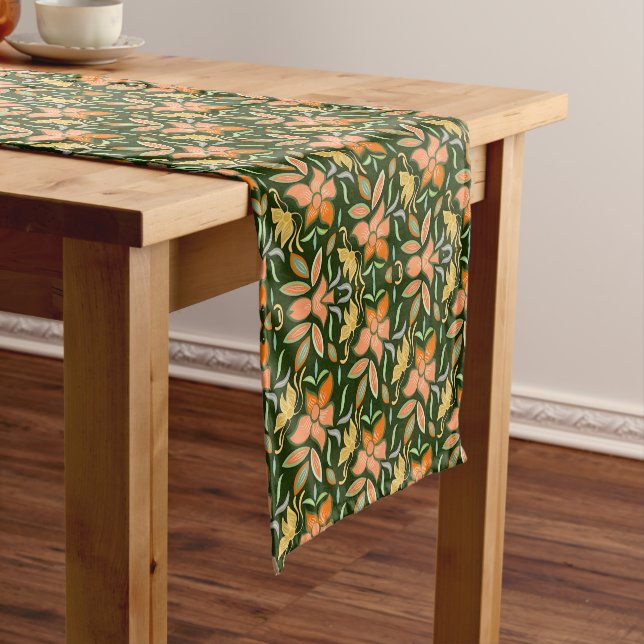 Rich Floral Pattern: Peach Flowers and Green Leave Short Table Runner (In Situ)
