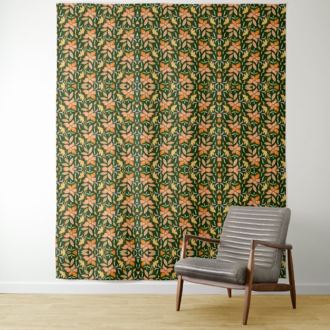 Rich Floral Pattern: Peach Flowers and Green Leave Tapestry (In Situ)