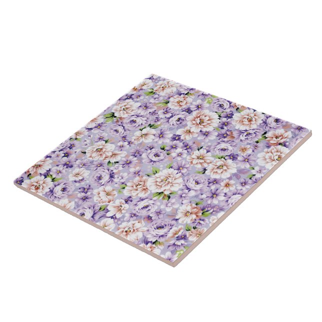 Rich floral pattern with purple and pink flowers ceramic tile (Side)