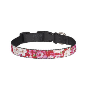 Rich floral pattern with white flowers on red pet collar