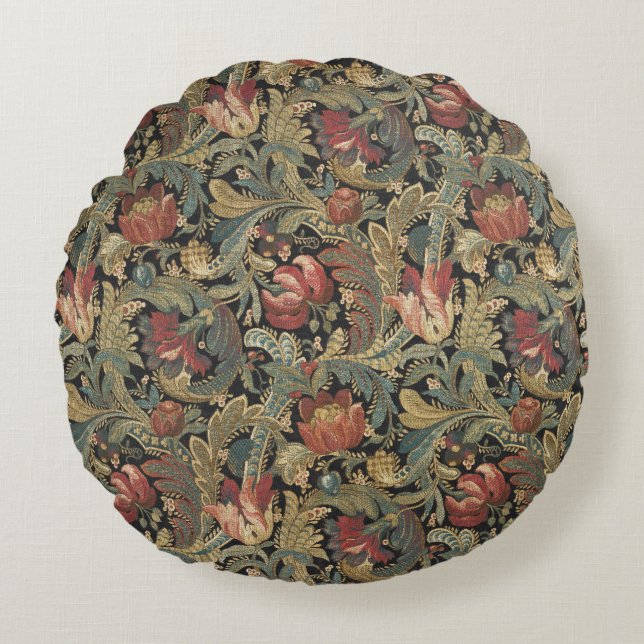 Rich Floral Tapestry Brocade Antique Classic Round Pillow (Front)