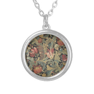 Rich Floral Tapestry Brocade Antique Classic Silver Plated Necklace