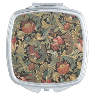 Rich Floral Tapestry Brocade Antique Victorian Compact Mirror