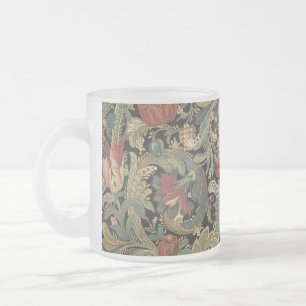 Rich Floral Tapestry Brocade Antique Victorian Frosted Glass Coffee Mug