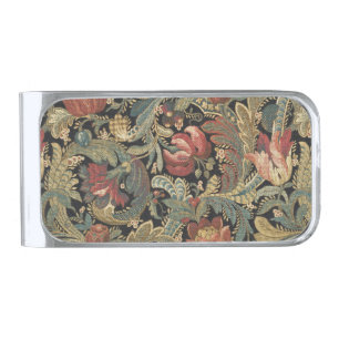Rich Floral Tapestry Brocade Antique Victorian Silver Finish Money Clip