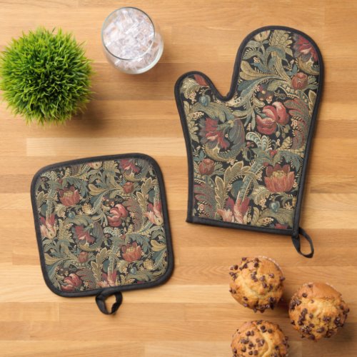 Rich Floral Tapestry Brocade Damask Oven Mitt  Pot Holder Set