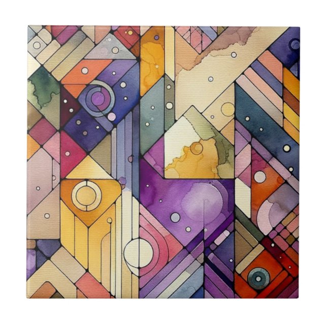 Rich Geometric Mosaic Stained Glass Watercolor Ceramic Tile (Front)