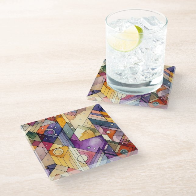 Rich Geometric Mosaic Stained Glass Watercolor Glass Coaster (Angled)