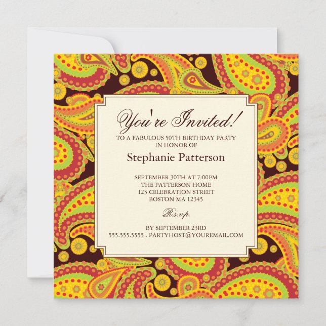 Rich Gold Paisley Pattern Milestone Birthday Party Invitation (Front)