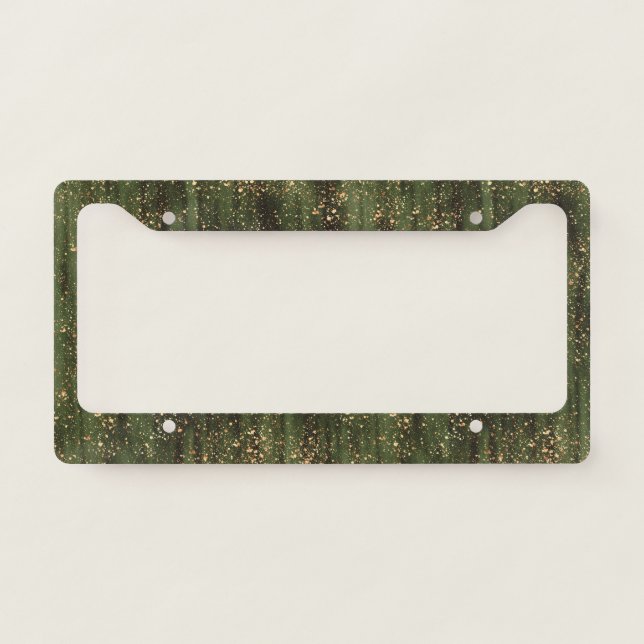 Rich Green and Gold Abstract Sparkle Pattern License Plate Frame (Front)