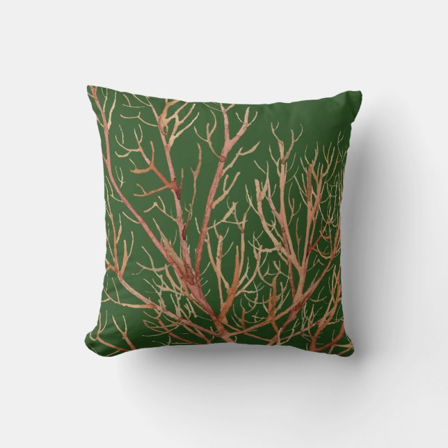 Rich Green & Coral Pattern Throw Pillow (Front)