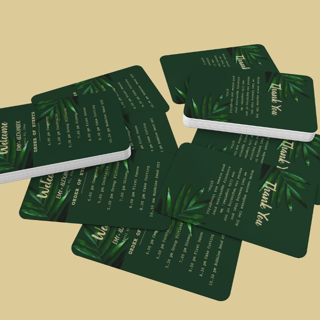 Rich Green Golden Theme Program Hand Fan (Hand fan with wedding event details along with a thank you note)