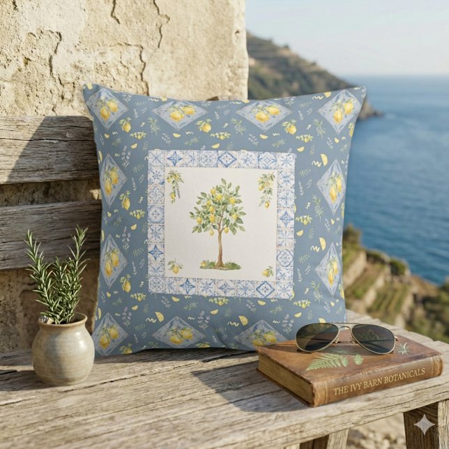 Rich Italian Riviera Blue Lemon Tree Tile Pattern Throw Pillow (Creator Uploaded)