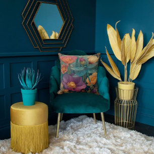 Rich Jewel Toned Florals and a Winged Dragonfly  Throw Pillow