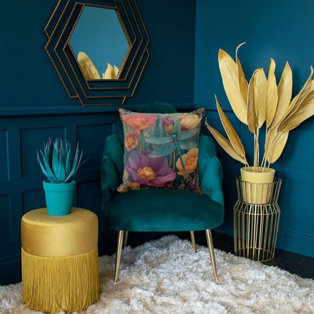 Rich Jewel Toned Florals and a Winged Dragonfly  Throw Pillow (Creator Uploaded)