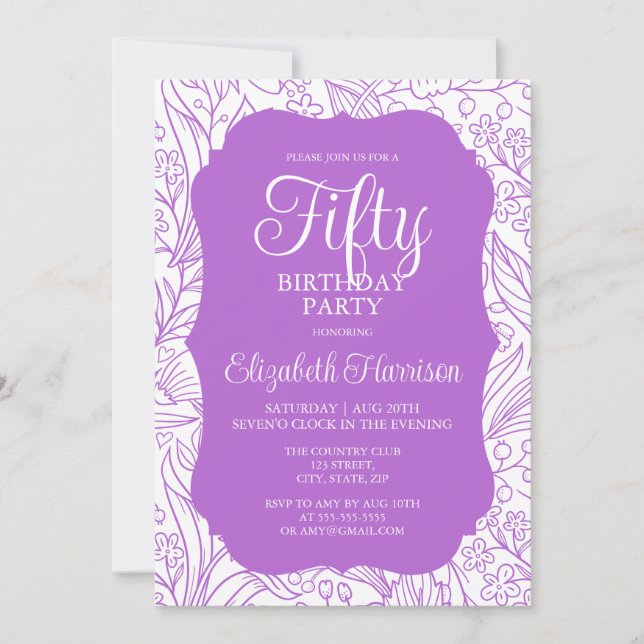 Rich Lilac White Flora Woman 50th Birthday Party Invitation (Front)