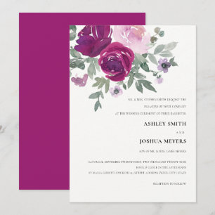 Rich Magenta Pink Floral Pearl White Wedding Invitation